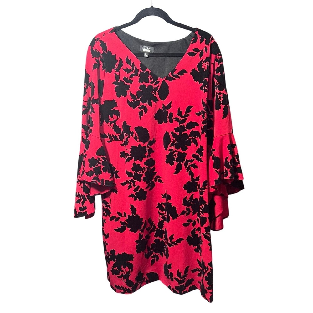 MSK Dress 20W Knee Length Red Black Velvet Floral 3/4 Bell Sleeves